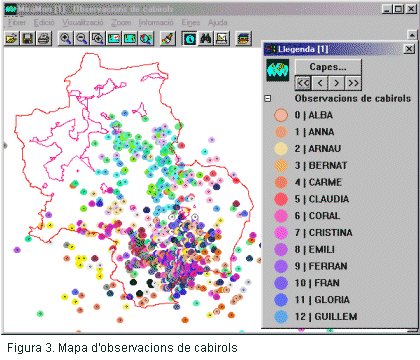 Mapa d'observacions de cabirol per 'radiotracking'