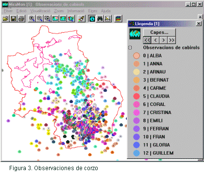 Mapa de observaciones de corzo realizadas mediante 'radiotracking'